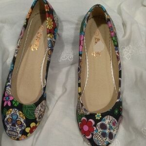 Colorful Floral Skull Print Women's Flats